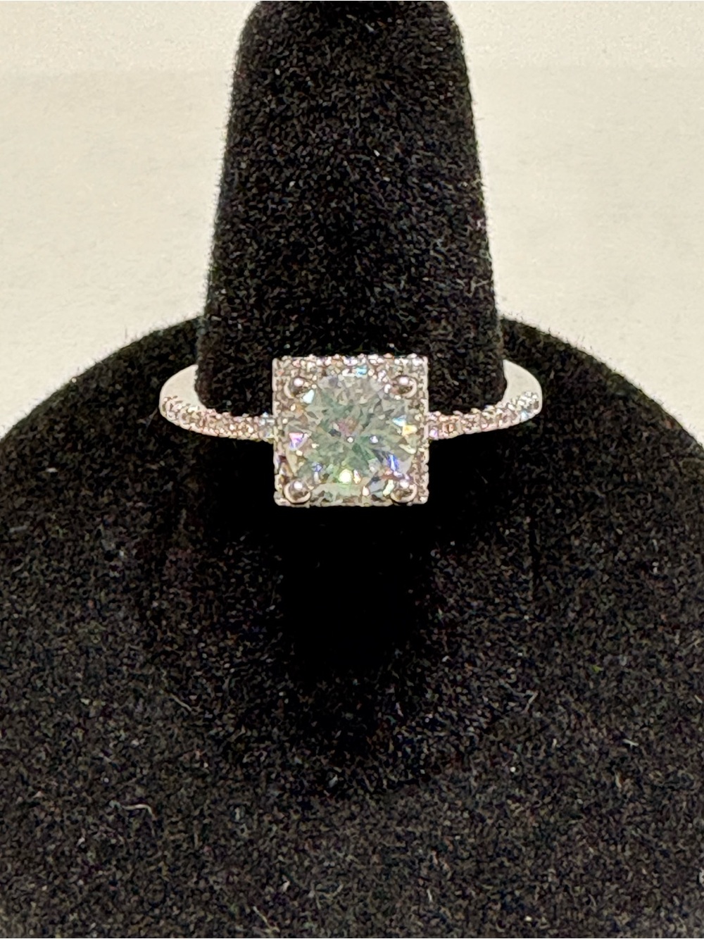 Square-Cut Moissanite Solitaire Halo Ring - Silver